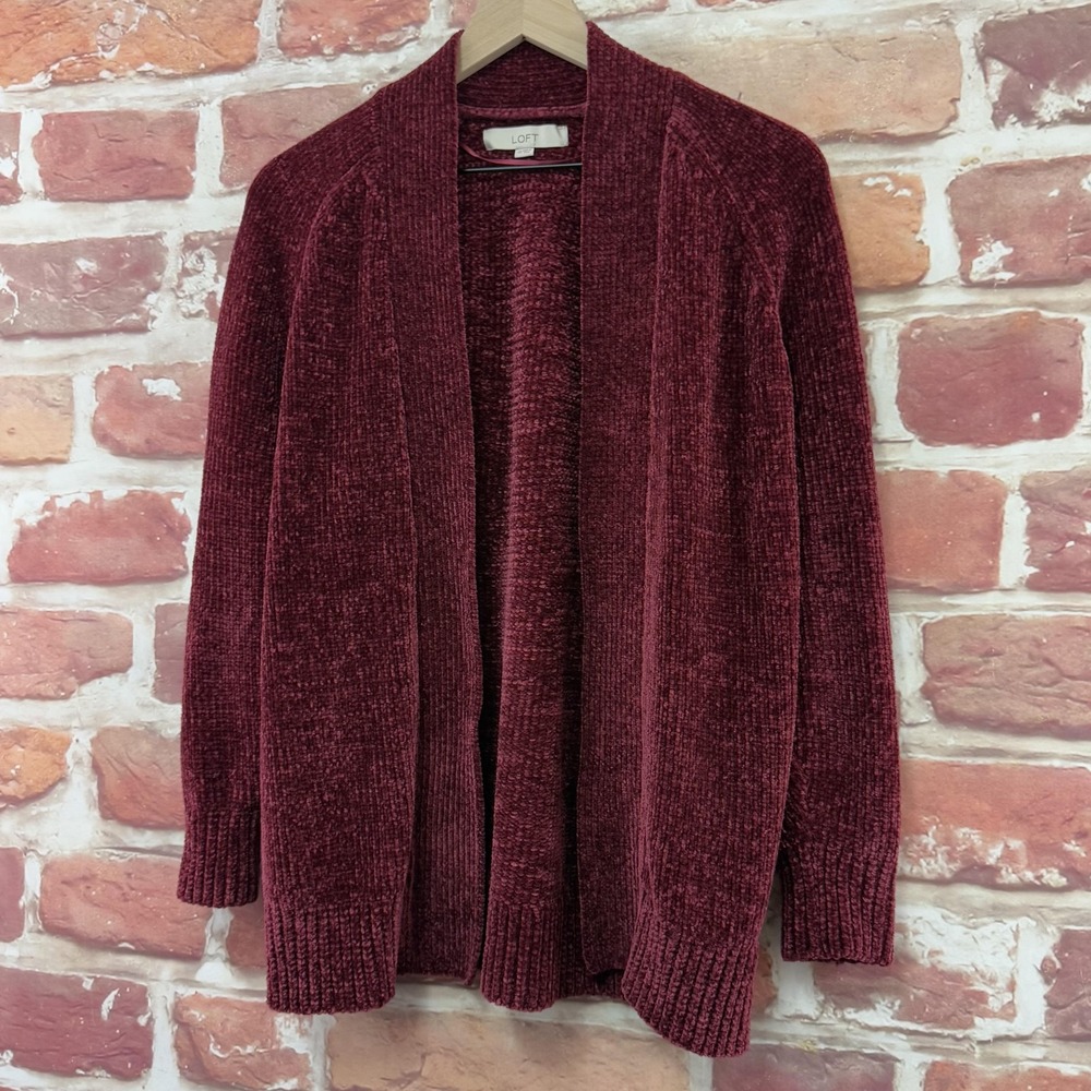 Ann Taylor Loft Cardigan Sweater Women's XS Burgundy Red Chenille Open Front - Picture 3 of 8